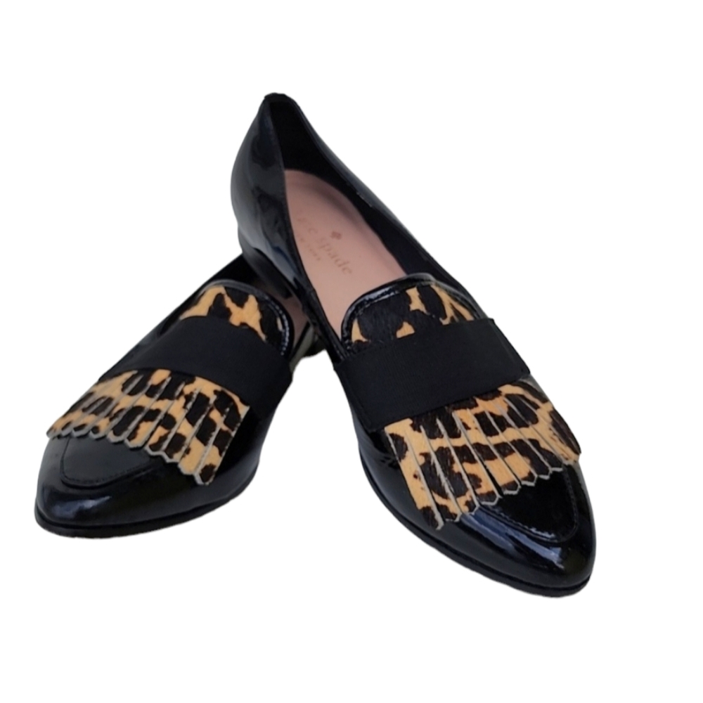 Kate Spade Cayle Leapord‎ Print Fringe Patent Leather Flats Black Size 6.5 M
